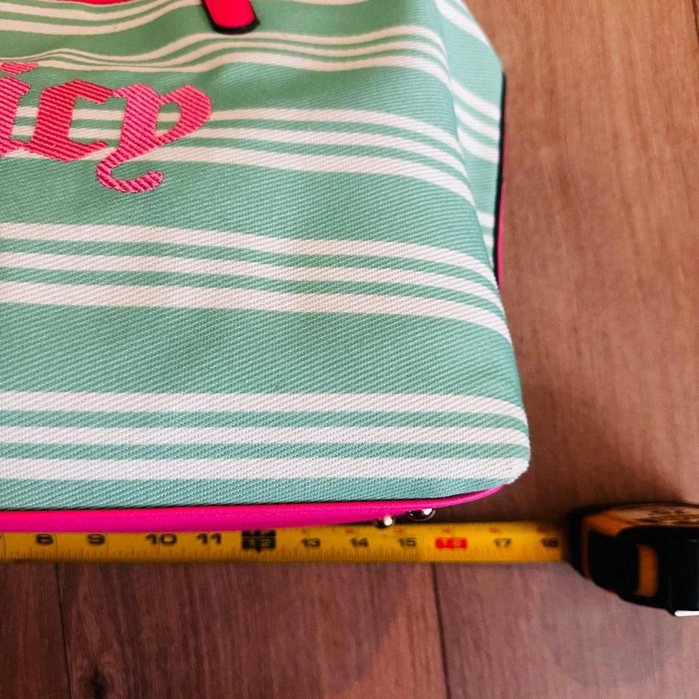Juicy Couture Paradise Tote Retro Green Striped Canvas Bag Pink Trim NEW